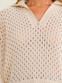 WOMEN'S LONG SLEEVE ZIP UP CROCHET PULLOVER SWEATER
