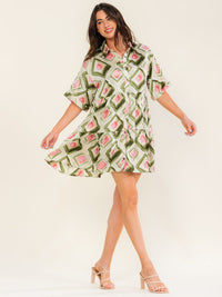 ENTRO WOMEN'S SHORT SLEEVE BUTTON UP MULTI PRINT TUNIC MINI DRESS
