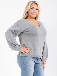 PLUS SIZE LONG DETAILED SLEEVE V-NECK PULLOVER SWEATER
