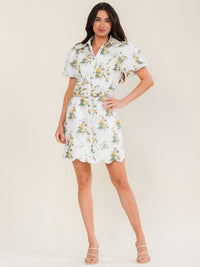 BEULAH WOMEN'S SHORT PUFF SLEEVE BUTTON UP BELTED FLORAL MINI DRESS