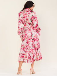 BEULAH WOMEN'S LONG SLEEVE BUTTON UP SELF TIE FLORAL PRINT MAXI DRESS