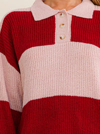 WOMEN'S LONG SLEEVE BUTTON UP COLORBLOCK STRIPES PULLOVER SWEATER