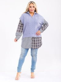 PLUS SIZE LONG SLEEVE ZIP UP PLAID CONTRAST PULLOVER SWEATER