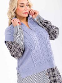 PLUS SIZE LONG SLEEVE ZIP UP PLAID CONTRAST PULLOVER SWEATER