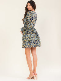 ENTRO WOMEN'S LONG SLEEVE ELASTIC WAIST FLORAL PRINT MINI DRESS
