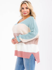 PLUS SIZE LONG SLEEVE V-NECK COLORBLOCK STRIPES HIGH-LOW PULLOVER SWEATER