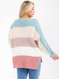 PLUS SIZE LONG SLEEVE V-NECK COLORBLOCK STRIPES HIGH-LOW PULLOVER SWEATER