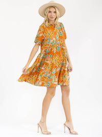 WOMEN'S SHORT SLEEVE BUTTON UP TIERED FLORAL MINI DRESS