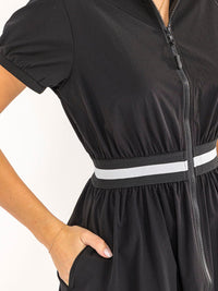 WOMEN'S SHORT SLEEVE ZIPPER CLOSURE FRONT POCKETS ELASTIC WAIST MINI DRESS