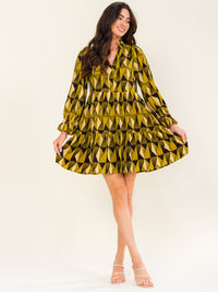 ENTRO WOMEN'S LONG SLEEVE V-NECK MULTI PRINT MINI DRESS