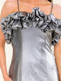 ENTRO WOMEN'S SLEEVELESS RUFFLE BODYCON SHIMMER MINI DRESS