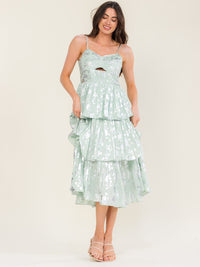 BEULAH WOMEN'S SLEEVELESS CUT OUT RUFFLE TIERED FLORAL PRINT MAXI DRESS