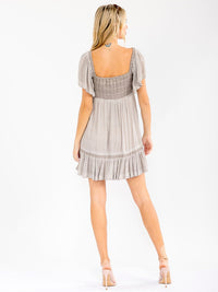 WOMEN'S SHORT RUFFLE SLEEVE SQUARE NECK SMOCK WASHED MINI DRESS