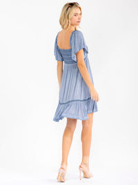 WOMEN'S SHORT RUFFLE SLEEVE SQUARE NECK SMOCK WASHED MINI DRESS