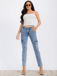 WOMEN'S BUTTON CLOSURE CARGO POCKETS STRETCH DENIM STRAIGHT LEG PANTS