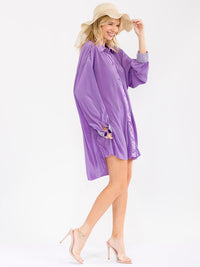 WOMEN'S LONG SLEEVE STUDS DETAILED BUTTON UP HIGH-LOW MINI DRESS