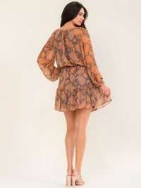 ENTRO WOMEN'S LONG SLEEVE V-NECK ELASTIC WAIST PAISLEY PRINT MINI DRESS