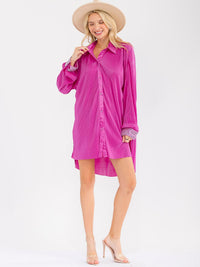 WOMEN'S LONG SLEEVE STUDS DETAILED BUTTON UP HIGH-LOW MINI DRESS