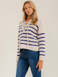WOMEN'S LONG SLEEVE V-NECK LACE UP COLORBLOCK STRIPES PULLOVER SWEATER