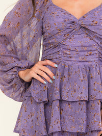 WOMEN'S LONG SLEEVE V-NECK SMOCK TIERED RUFFLE PRINT ROMPER
