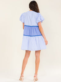 WOMEN'S SHORT PUFF SLEEVE V-NECK FRONT POCKETS STRIPES COLORBLOCK TUNIC MINI DRESS