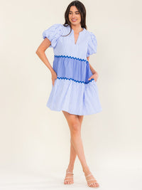 WOMEN'S SHORT PUFF SLEEVE V-NECK FRONT POCKETS STRIPES COLORBLOCK TUNIC MINI DRESS