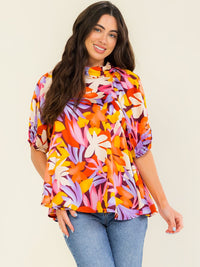 WOMEN'S SHORT SLEEVE MOCK NECK FLORAL PRINT BLOUSE