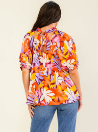 WOMEN'S SHORT SLEEVE MOCK NECK FLORAL PRINT BLOUSE