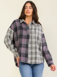 ENTRO WOMEN'S LONG SLEEVE V-NECK COLORBLOCK PLAID SHIRT