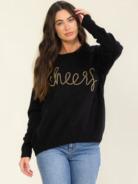 WOMEN'S LONG SLEEVE CHEERS PRINT PULLOVER SWEATER