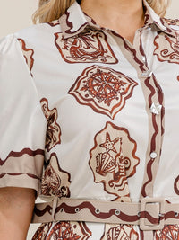 PLUS SIZE SHORT SLEEVE BUTTON UP BELTED MULTI PRINT MIDI DRESS