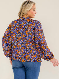 PLUS SIZE LONG SLEEVE V-NECK FLORAL PRINT BLOUSE