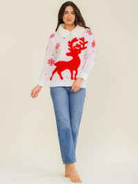 WOMEN'S LONG SLEEVE SHERPA COLLAR CHRISTMAS REINDEER PULLOVER SWEATER