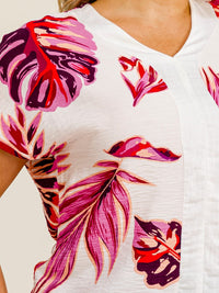 PLUS SIZE SHORT SLEEVE V-NECK LEAF PRINT BLOUSE