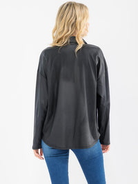 WOMEN'S LONG SLEEVE BUTTON UP PU PLEATHER TOP