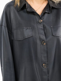 WOMEN'S LONG SLEEVE BUTTON UP PU PLEATHER TOP