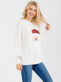 WOMEN'S LONG SLEEVE SANTA GRAPHIC PULLOVER SWEATER