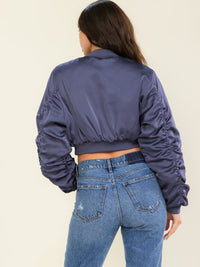 WOMEN'S LONG RUCHED SLEEVE ZIP UP FRONT POCKETS BOMBER JACKETS