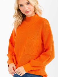 WOMEN'S LONG SLEEVE MOCK NECK FRONT POCKET KNIT PULLOVER SWEATER