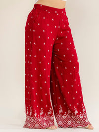 PLUS SIZE ELASTIC WAIST FRONT POCKETS EMBROIDERY WIDE LEG PANTS