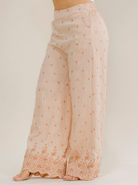 PLUS SIZE ELASTIC WAIST FRONT POCKETS EMBROIDERY WIDE LEG PANTS
