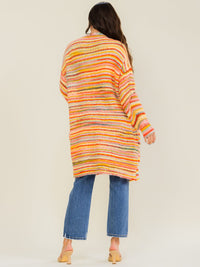 WOMEN'S LONG SLEEVE OPEN FRONT POCKETS MULTI STRIPES CARDIGAN