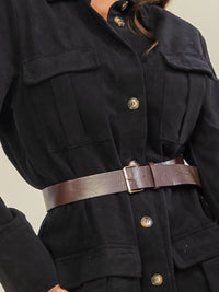WOMEN'S LONG SLEEVE BUTTON UP FRONT POCKETS BELTED DENIM MINI DRESS