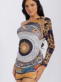 WOMEN'S ONE SHOULDER MULTI PRINT BODYCON MINI DRESS