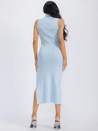 WOMEN'S SLEEVELESS TURTLE NECK RIBBED FRONT SLIT BODYCON MAXI DRESS