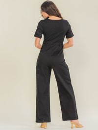 WOMEN'S SHORT SLEEVE V-NECK ZIP UP FRONT POCKETS WIDE LEG STRETCH DENIM JUMPSUIT