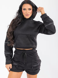 WOMEN'S LONG SLEEVE HOODIE & ELASTIC WAIST SHORTS ZIPPER DETAILED 2PC. SET