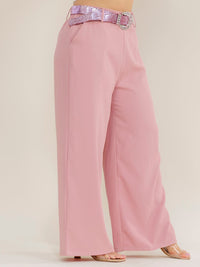 PLUS SIZE ELASTIC WAIST FRONT POCKETS BELTED WIDE LEG PANTS
