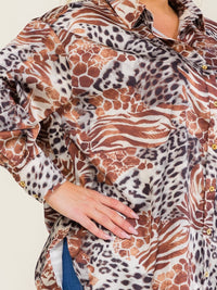 ENTRO PLUS SIZE LONG SLEEVE BUTTON UP HIGH-LOW ANIMAL PRINT BLOUSE