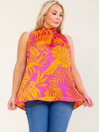 ENTRO PLUS SIZE SLEEVELESS TURTLE NECK LEAF PRINT BLOUSE